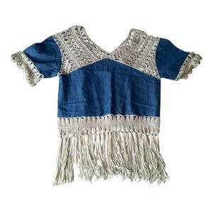 Elegant Crochet Fringe Blouse in Blue and Cream